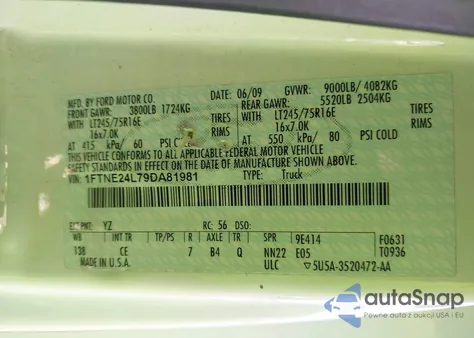 2009 Ford E-250 Commercial/Recreational из США, поврежденный, VIN 1FTNE24L79DA81981